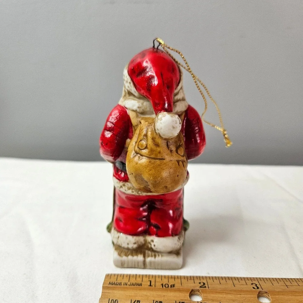 Vtg 1992‎ Santa Claus Ceramic Christmas Ornament Toy Sack Skies 4.5
